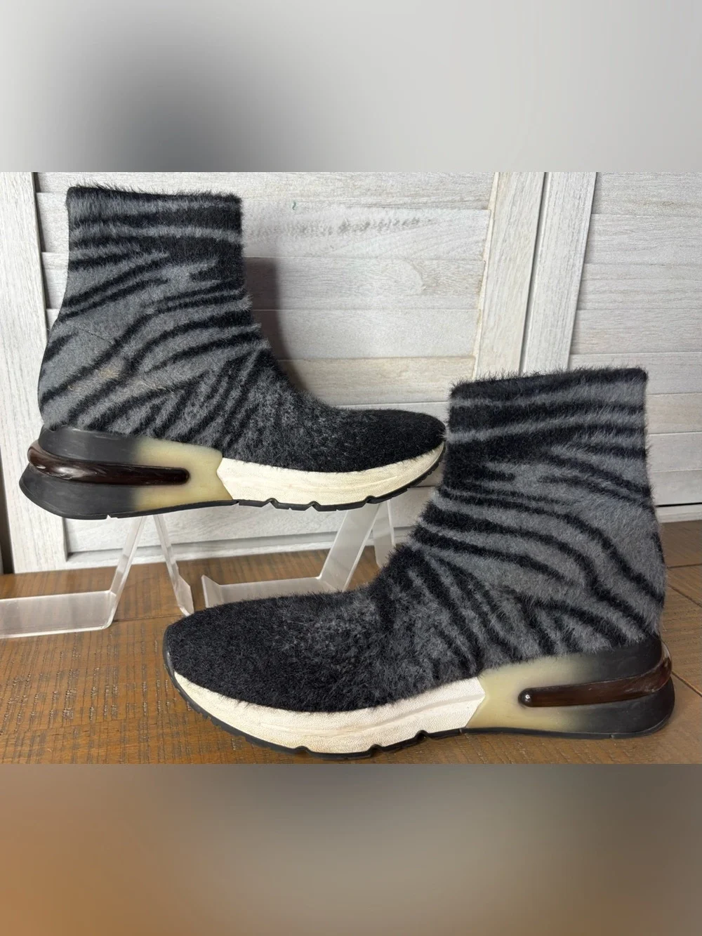 ASH Links Tiger Stripe Knit Sock Sneaker Boots Black Grey High Top Size 38 US 7.